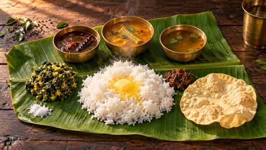 Traditional Thanjavur Iyer-style rice meal on banana leaf with brass katoris of Vatha Kuzhambu, sambar, rasam, keerai kootu, Paruppu Thogayal and appalam — Malu's Kitchen