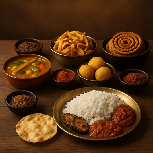 Thanjavur traditional sweets savouries and podis served with rice and sambar in brass and clay bowls on wooden table
