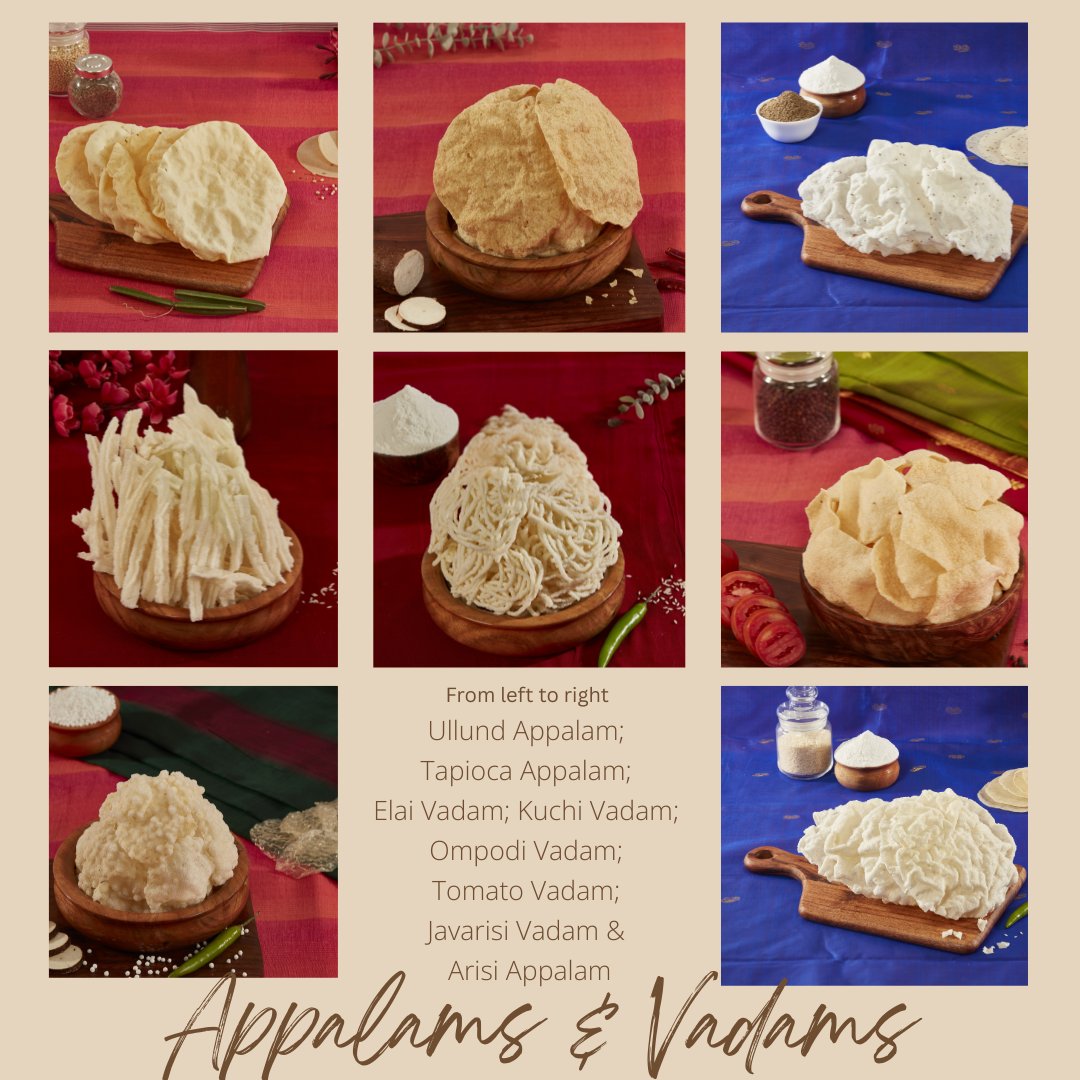 Assorted traditional Indian snacks Appalams & Vadams made from lentils rice and spices displayed on wooden plates