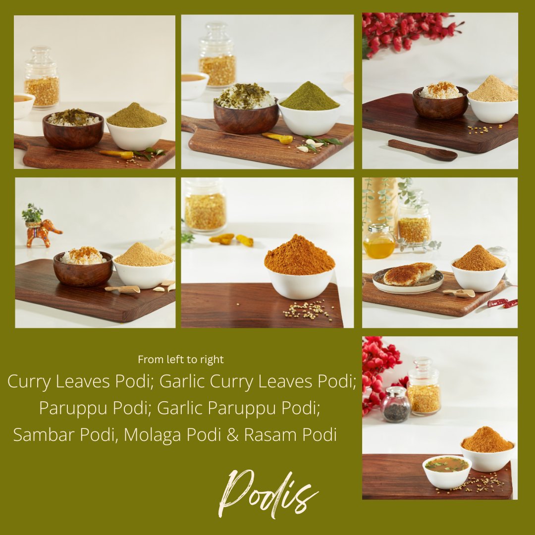 Assortment of authentic South Indian podis displayed in bowls and jars on wooden boards with spices and ingredients