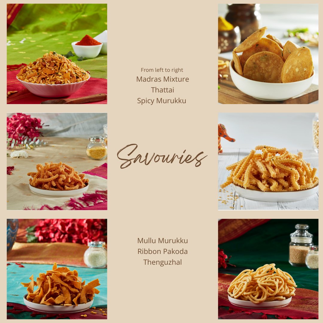 Assorted South Indian snacks online featuring crispy murukku, spicy mixtures, and traditional savory treats