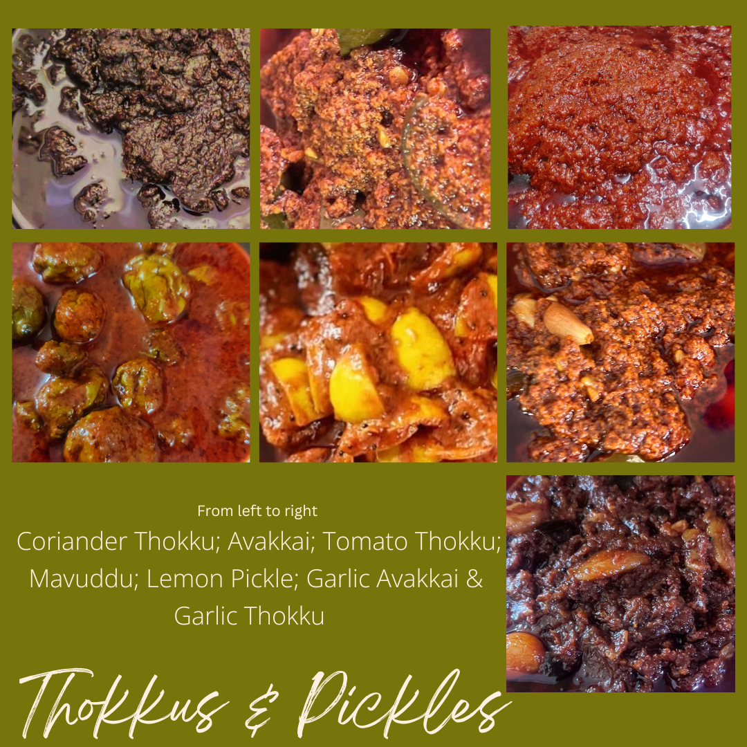 Assorted South Indian pickles and thokkus online displayed in bowls with rich spices and vibrant colors